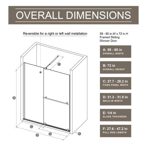 Glass Shower Door, 30 - 60 In.W X 72 In.H Shower Sliding Door Walk-In Shower Screen Dual Usage,1/4 Inch Thick Glass Panel With Stainless Steel Handle, Supporting Bar, Black - Image 8