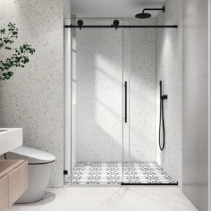 54"W X 76"H  Black Frameless One Fixed And One Shifted Shower Door, 70Mm 304 Stainless Steel Large Pulleys With Adjustable Soft Closing Function,With Nano Easy Cleaning And Stick Explosion-Proof Menbrance