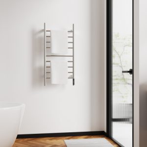 Brushed Nickel Heated Towel Rack For Bathroom,Wall Mounted With Intelligent Touch Screen Timer, 9-Bar Towel Warmer, 304 Stainless Steel Polished, Plug-In/Hard-Wired