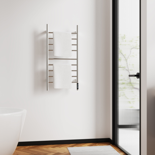 Brushed Nickel Heated Towel Rack For Bathroom,Wall Mounted With Intelligent Touch Screen Timer, 9-Bar Towel Warmer, 304 Stainless Steel Polished, Plug-In/Hard-Wired
