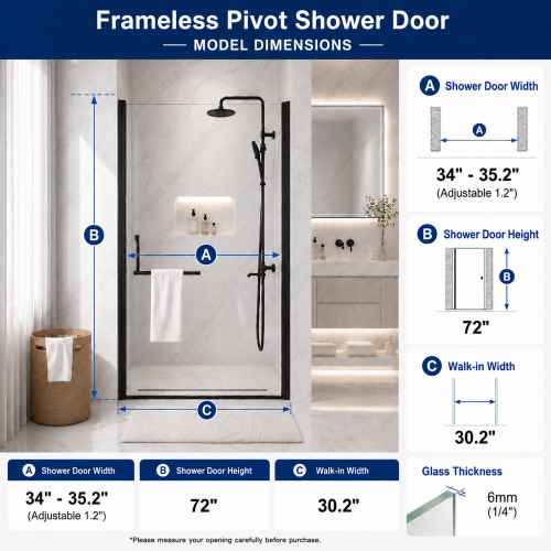 34" -35.2''X 72" Semi-Frameless Pivot Shower Door, 4Mm (1/4") Tempered Glass,1.2Inch Adjustable Width, Reversible Installation, Matte Black - Image 3