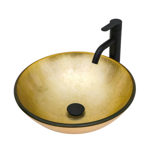 Bathroom Artistic Tempered Glass Vessel Bathroom Sink with Black Faucet and Pop-up Drain, Gold-foil Textured Tempered Glass Vanity Round Bowl - Image 2