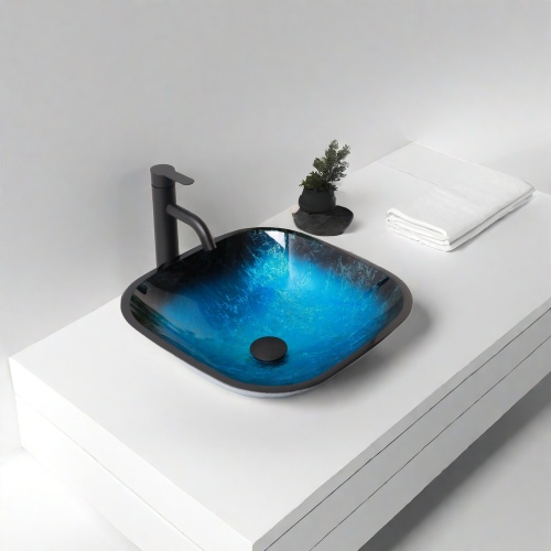 Bathroom Artistic Tempered Glass Vessel Bathroom Sink with Faucet and Pop-up Drain, Blue - Image 3