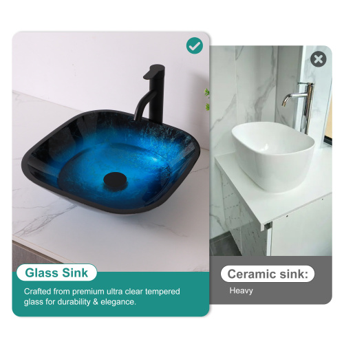 Bathroom Artistic Tempered Glass Vessel Bathroom Sink with Faucet and Pop-up Drain, Blue - Image 7
