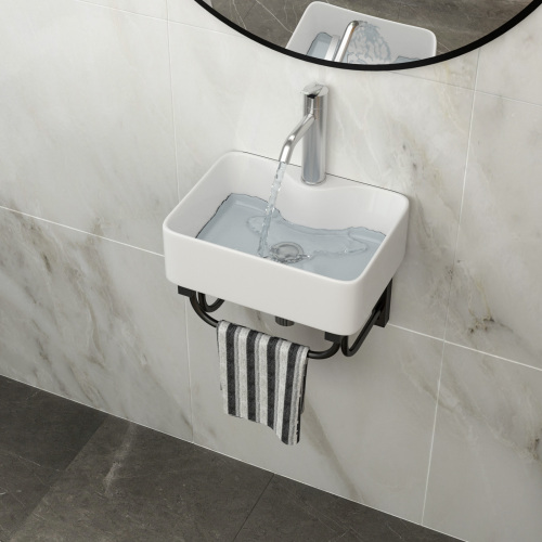 16"x12" Wall-Mounted Rectangular Ceramic Bathroom Sink with Black Towel Bar & faucet hole - Image 2