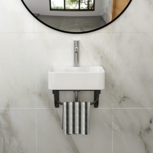 16"x12" Wall-Mounted Rectangular Ceramic Bathroom Sink with Black Towel Bar & faucet hole