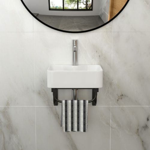 16"x12" Wall-Mounted Rectangular Ceramic Bathroom Sink with Black Towel Bar & faucet hole