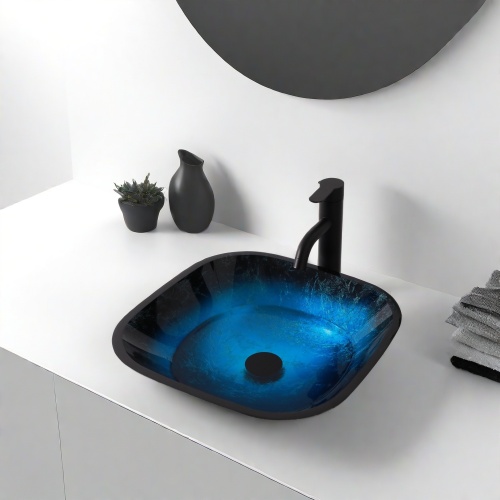 Bathroom Artistic Tempered Glass Vessel Bathroom Sink with Faucet and Pop-up Drain, Blue - Image 2