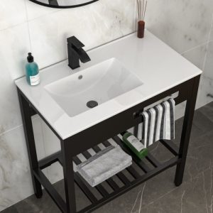 32" x 18.5" Bathroom Ceramic Console Sink with Overflow & Black Legs