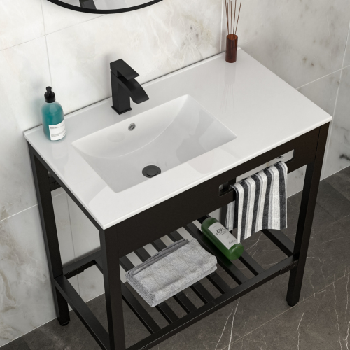 32" x 18.5" Bathroom Ceramic Console Sink with Overflow & Black Legs