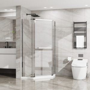Neo-Angle Frameless Shower Door 36 In. D X 36 In. W X 72 In. H Corner Shower Enclosure With White Acrylic Shower Base Combo, Pivot Shower Door In Chrome Finish