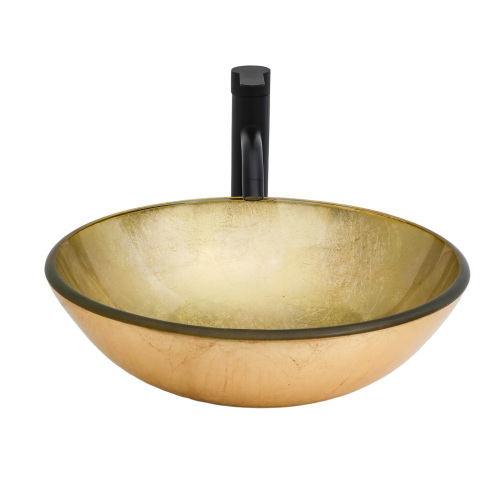 Bathroom Artistic Tempered Glass Vessel Bathroom Sink with Black Faucet and Pop-up Drain, Gold-foil Textured Tempered Glass Vanity Round Bowl - Image 10