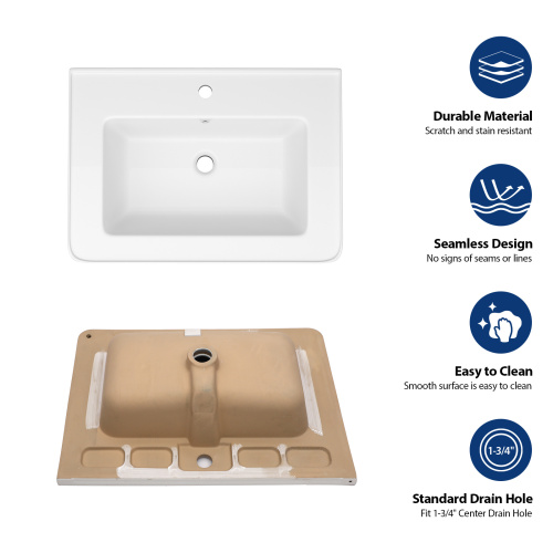 28" x 19" White Rectangular Single Vanity Top with 1 Faucet Hole and Overflow(Sink Only) - Image 9