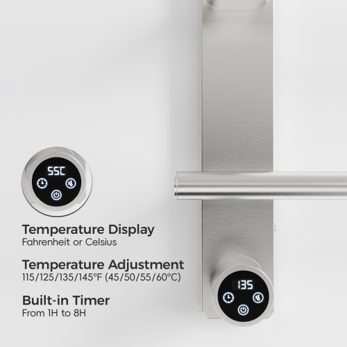Brushed Nickel Heated Towel Rack For Bathroom,Wall Mounted With Intelligent Touch Screen Timer, 4-Bar Towel Warmer, 304 Stainless Steel Polished, Plug-In/Hard-Wired
On-Site - Image 3