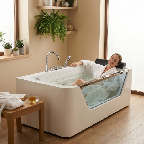 67" Whirlpool Bathtub ,Hydrotherapy Jetted Bathtub With Glass Panel, 7 Jets,3-Side Apron,89 Gallons,White