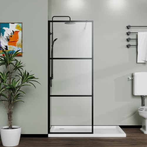 34" Shower Screen Door Walk-In Wet-Room, Black, 3-Panel Style