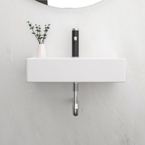 21x12 Inch White Ceramic Rectangle Wall Mount Bathroom Sink with Single Faucet Hole and Overflow - Image 2