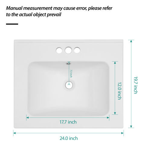24"x19.7" White Rectangular Single Vanity Top with 4" Centerset Faucet 3 Holes and Overflow(Sink Only) - Image 6