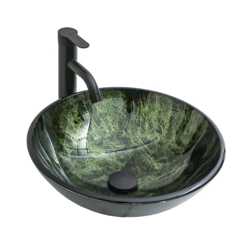 Bathroom Artistic Tempered Glass Vessel Bathroom Sink with Black Faucet and Pop-up Drain, Elegant Green Glass Bathroom Sink with Natural Marble Texture - Image 2