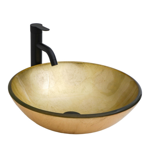 Bathroom Artistic Tempered Glass Vessel Bathroom Sink with Black Faucet and Pop-up Drain, Gold-foil Textured Tempered Glass Vanity Round Bowl - Image 6