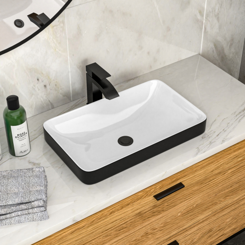 19"x12" White & Black Semi-Recessed Ceramic Bathroom Sink - Countertop Vessel Design - Image 2