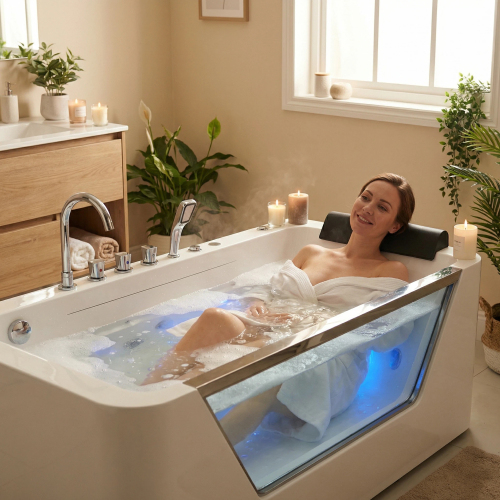 67" Whirlpool Bathtub ,Hydrotherapy Jetted Bathtub With Glass Panel, 7 Jets,3-Side Apron,89 Gallons,White - Image 2