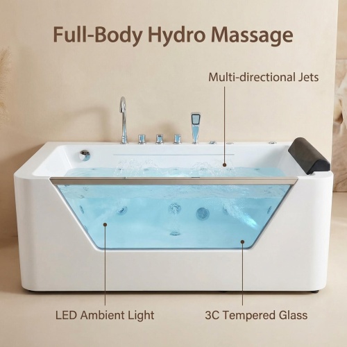 67" Whirlpool Bathtub ,Hydrotherapy Jetted Bathtub With Glass Panel, 7 Jets,3-Side Apron,89 Gallons,White - Image 7