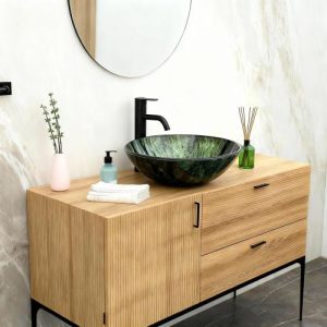 Bathroom Artistic Tempered Glass Vessel Bathroom Sink with Black Faucet and Pop-up Drain, Elegant Green Glass Bathroom Sink with Natural Marble Texture