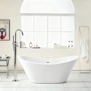 59" Acrylic Freestanding Bathtub, Stand Alone Soaking Tub, Glossy White Acrylic, Chrome Overflow & Pop-Up Drain