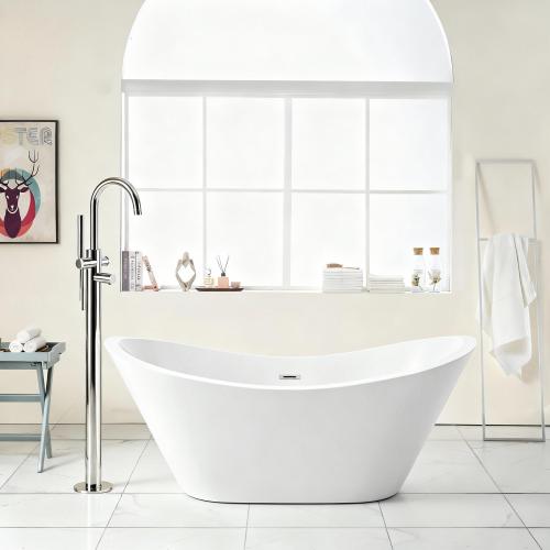 59" Acrylic Freestanding Bathtub, Stand Alone Soaking Tub, Glossy White Acrylic, Chrome Overflow & Pop-Up Drain