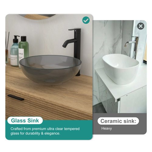 Bathroom Artistic Tempered Glass Vessel Bathroom Sink with Pop-up Drain, Grey - Image 5