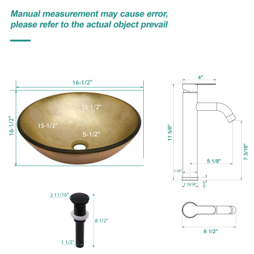 Bathroom Artistic Tempered Glass Vessel Bathroom Sink with Black Faucet and Pop-up Drain, Gold-foil Textured Tempered Glass Vanity Round Bowl - Image 11