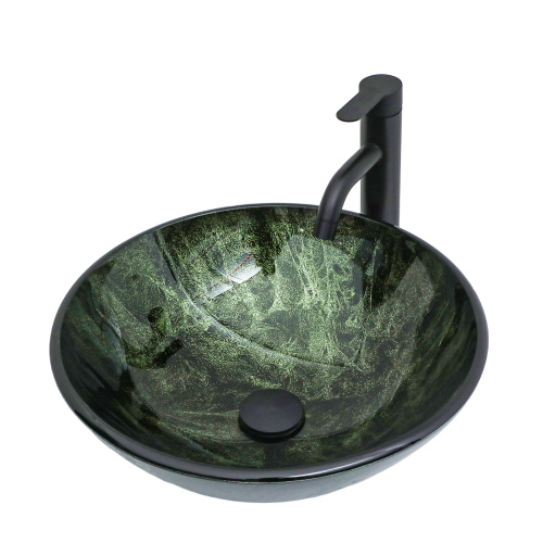 Bathroom Artistic Tempered Glass Vessel Bathroom Sink with Black Faucet and Pop-up Drain, Elegant Green Glass Bathroom Sink with Natural Marble Texture - Image 8
