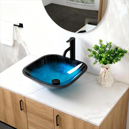 Bathroom Artistic Tempered Glass Vessel Bathroom Sink with Faucet and Pop-up Drain, Blue - Image 12