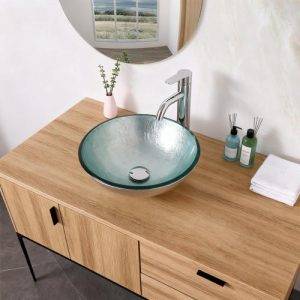 Bathroom Artistic Tempered Glass Vessel Bathroom Sink with Pop-up Drain, Silver