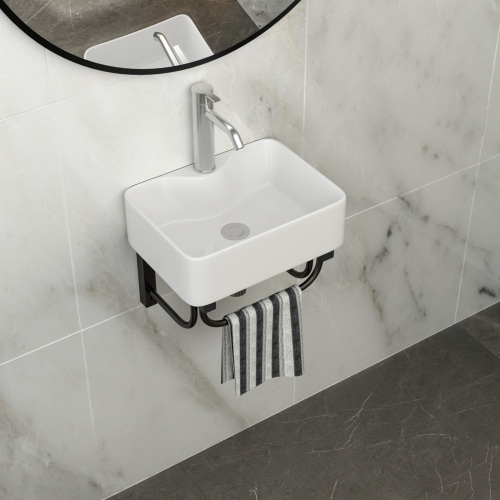16"x12" Wall-Mounted Rectangular Ceramic Bathroom Sink with Black Towel Bar & faucet hole - Image 3
