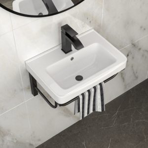 19.88"x14.25" Wall-Mounted Rectangular Ceramic Bathroom Sink with Black Towel Bar & Overflow