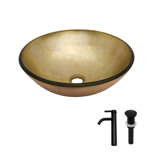 Bathroom Artistic Tempered Glass Vessel Bathroom Sink with Black Faucet and Pop-up Drain, Gold-foil Textured Tempered Glass Vanity Round Bowl - Image 8