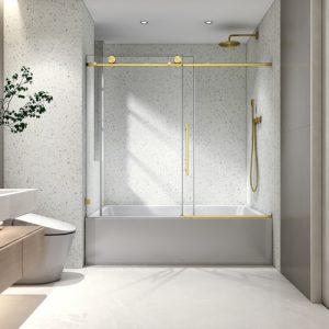 60"W X 63"H Brushed Gold Frameless One Fixed And One Shifted Shower Door,70Mm 304 Stainless Steel Large Pulleys With Adjustable Soft Closing Function,With Nano Easy Cleaning,Stick Explosion-Proof Menbrance