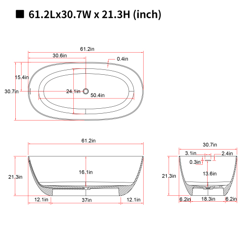 61'' Freestanding Bathtub Resin Stone Soaking Bathtub Solid Surface Modern Tubs With Overflow And Pop-Up Drain - Image 7