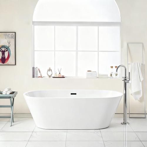 67"/63" Acrylic Freestanding Bathtub, Stand Alone Soaking Tub, Gloss White Finish, Black Overflow & Pop-Up Drain