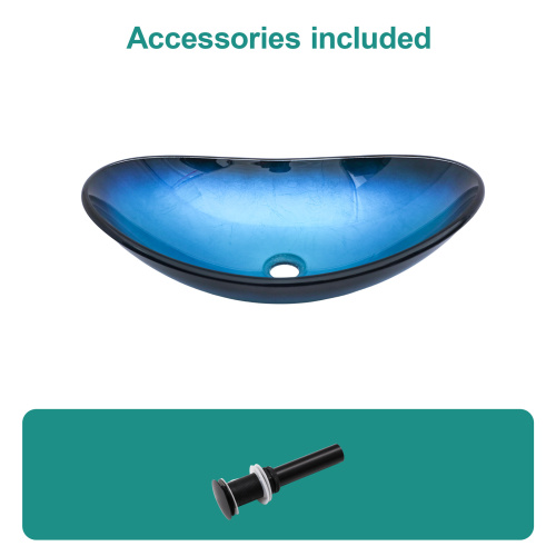 Bathroom Artistic Tempered Glass Blue Vessel Bathroom Sink Pop-up Drain, Blue Boat Shape Bathroom Sink Above Counter (no Faucet) - Image 5