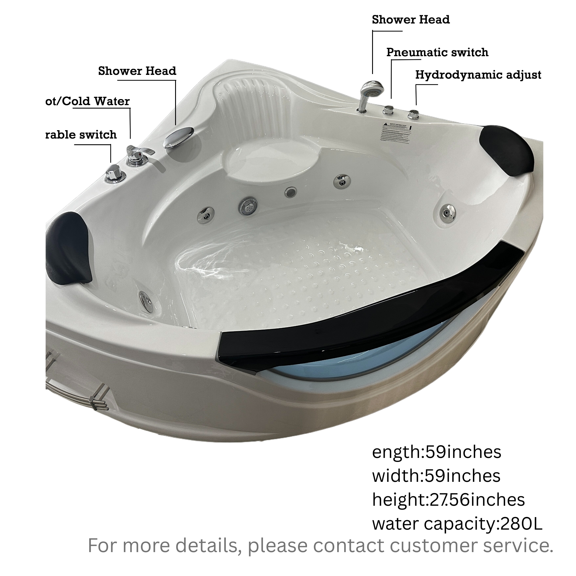 59" Corner Whirlpool Bathtub For 2-Person, Luxury Jetted Spa Tub With 6 Hydro Massage Jets, Chromatherapy Led Lights &Pneumatic Adjust System, Ul Certified Water Pump,Upc Certified Drainer - Image 11