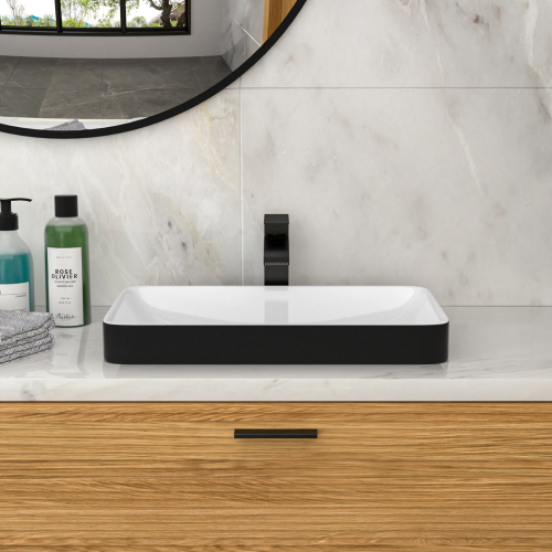 19"x12" White & Black Semi-Recessed Ceramic Bathroom Sink - Countertop Vessel Design - Image 3