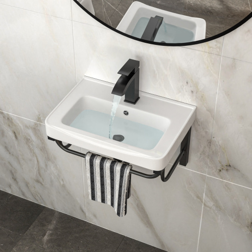 19.88"x14.25" Wall-Mounted Rectangular Ceramic Bathroom Sink with Black Towel Bar & Overflow - Image 2