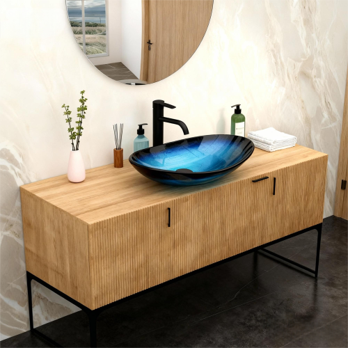 Bathroom Artistic Tempered Glass Blue Vessel Bathroom Sink Pop-up Drain, Blue Boat Shape Bathroom Sink Above Counter (no Faucet) - Image 2