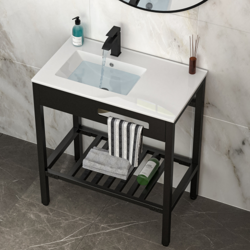 32" x 18.5" Bathroom Ceramic Console Sink with Overflow & Black Legs - Image 2