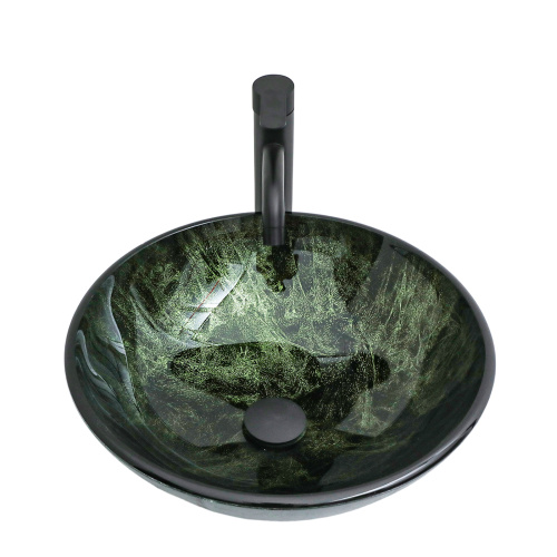 Bathroom Artistic Tempered Glass Vessel Bathroom Sink with Black Faucet and Pop-up Drain, Elegant Green Glass Bathroom Sink with Natural Marble Texture - Image 6