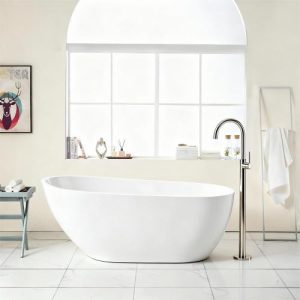 59" Acrylic Freestanding Bathtub Contemporary Soaking White Tub With Chrome Overflow And Drain