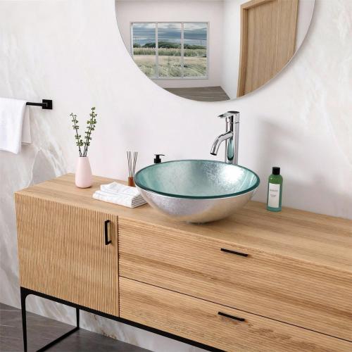 Bathroom Artistic Tempered Glass Vessel Bathroom Sink with Pop-up Drain, Silver - Image 2